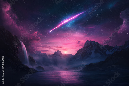 A breathtaking moment where shooting stars streak across the sky behind powerful cascades,