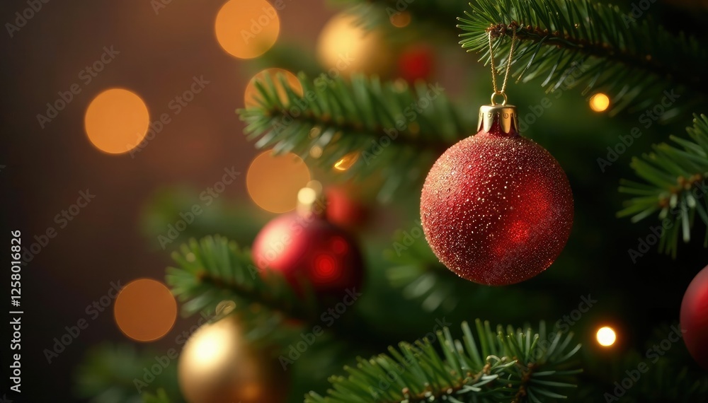 Glittering ornaments shine on the tree's branches, sparkling, glittering, festive Glittering ornaments shine on the tree's branches, sparkling, glittering, festive