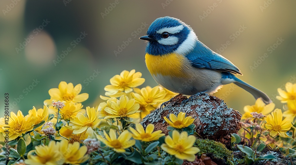 Obraz premium Blue bird perched on rock, yellow flowers, sunrise. Nature scene for spring greeting cards