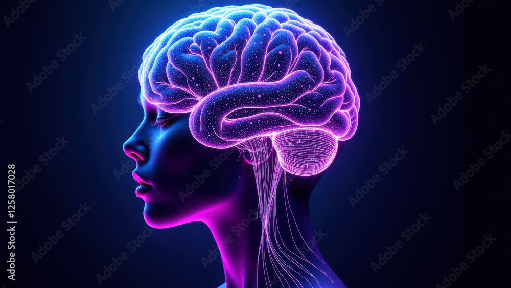 AI-enhanced human head with vibrant brain graphic against dark background, conveying intelligence or advanced cognition. AI-enhanced human head with vibrant brain graphic against dark background, conveying intelligence or advanced cognition.