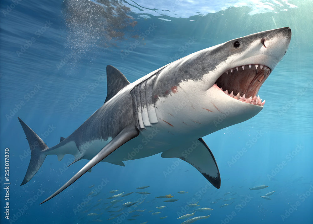 Obraz premium A great white shark swims through the blue water with its mouth open, showing its sharp teeth. 