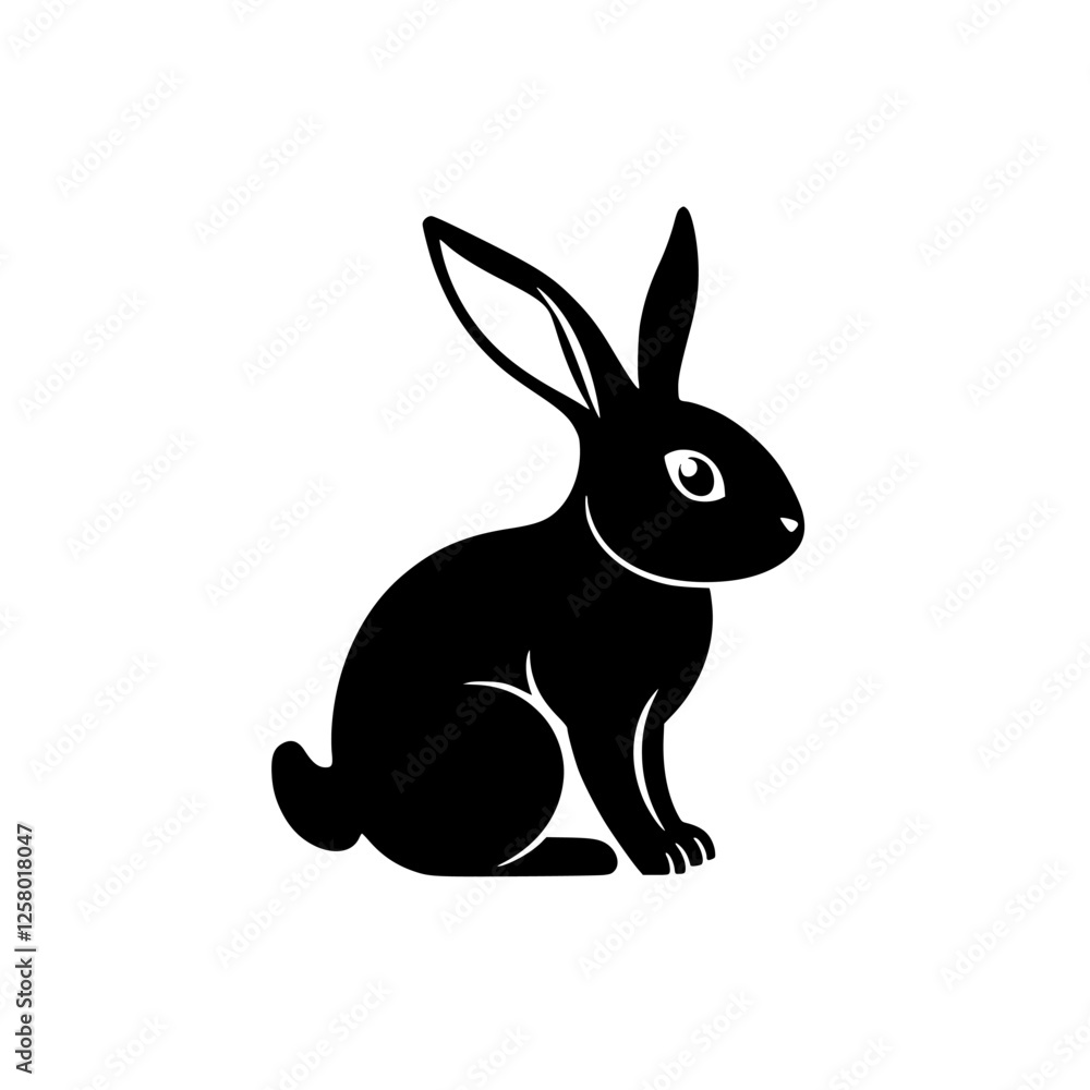 Fototapeta premium Black Silhouette of a Rabbit Sitting with a White Background. Clean, minimal and clear, this image features a black rabbit silhouette on a white background.