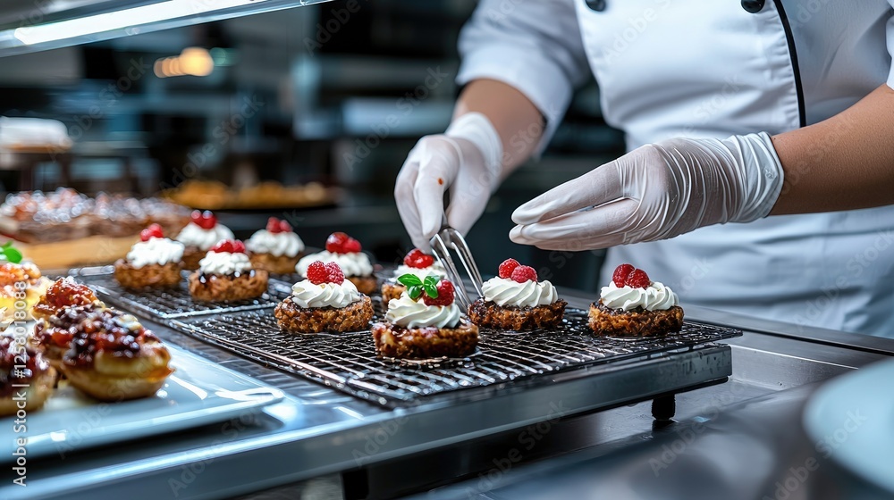 Chef decorating pastries in a kitchen Chef decorating pastries in a kitchen
