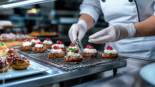 Chef decorating pastries in a kitchen
