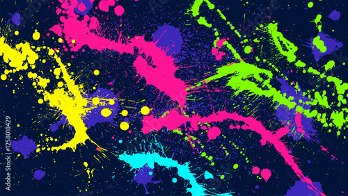 Abstract dark grunge background splashed with multi-colored reflective paint.