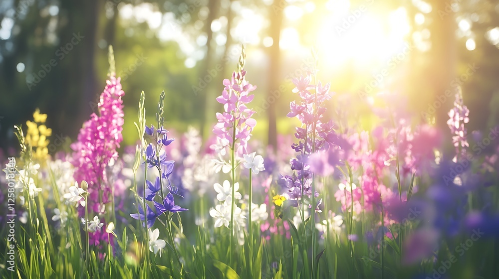 Obraz premium Beautiful Spring Meadow Landscape Featuring Colorful Delphiniums in Radiant Sunlight Atmosphere