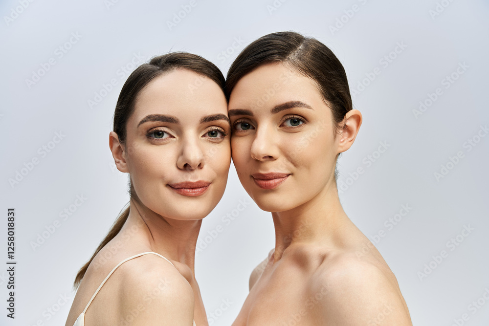 Beautiful twin sisters sharing a joyful moment against a simple backdrop in soft lighting Beautiful twin sisters sharing a joyful moment against a simple backdrop in soft lighting