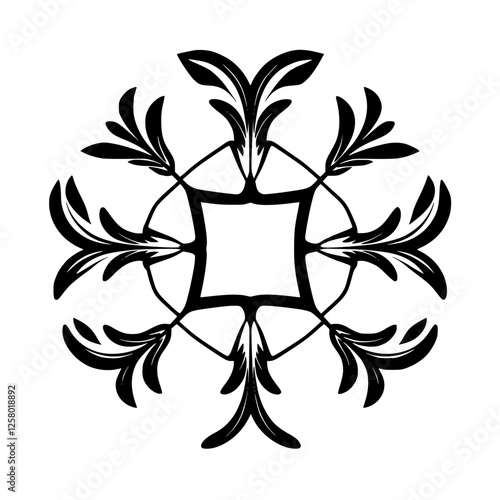 Black floral illustration of stylized leaves emanating outwards from a square center; a symmetrical black and white design.