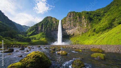 Mindfulness and meditation method Mindfulness and meditation method, A stunning waterfall cascades down rocky cliffs, surrounded by lush greenery under a bright blue sky, serene natural landscape.