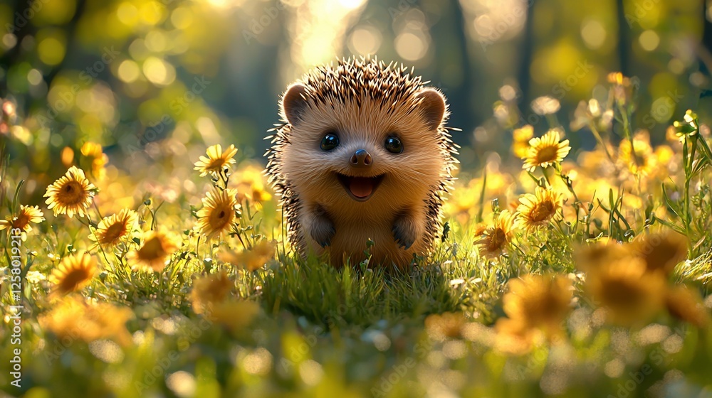Happy hedgehog in sunny meadow, flowers bokeh. Kids book illustration Happy hedgehog in sunny meadow, flowers bokeh. Kids book illustration