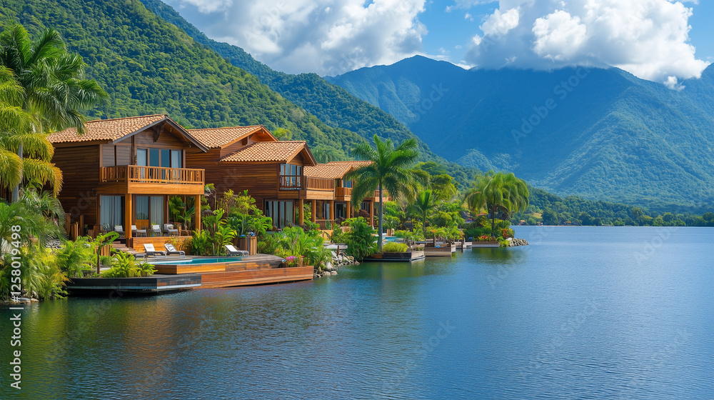 Fototapeta premium Luxury vacation resort with beautiful villas and stunning mountain views at Lake Dunker in the Caribbean style, a panoramic shot of the hotel near the lake with villa houses, wooden house buildings