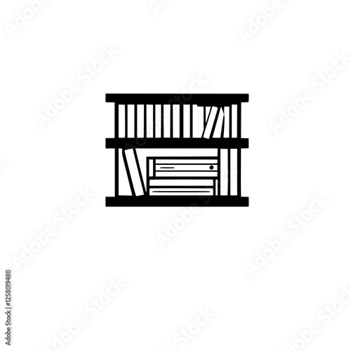 Minimalist
 library icon symbol library,
black on books, in a unique book
; shelves in a minimalist setting.

library,
abstract style image of,
shelves,
books, shelves, illustration, minimalist, minim