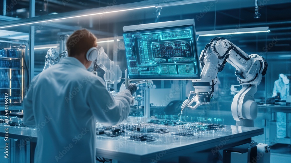 High-tech laboratories filled with AI-powered machines, robotic arms that assemble microchips, background wallpaper AI generated image High-tech laboratories filled with AI-powered machines, robotic arms that assemble microchips, background wallpaper AI generated image