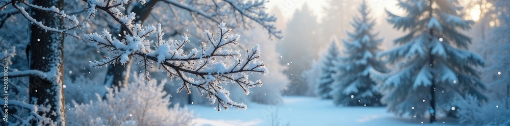Fototapeta premium Snowflakes gently fall around the frosty tree branches, frosty morning landscape, stillness
