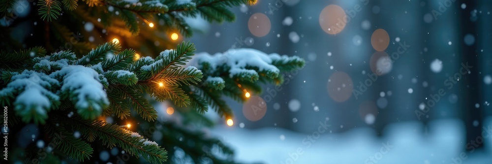 Snowflakes gently fall on a fir tree adorned with twinkling fairy lights, fairies, forest Snowflakes gently fall on a fir tree adorned with twinkling fairy lights, fairies, forest