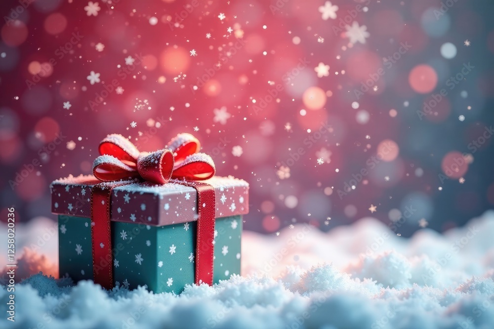 Snowflakes gently falling on a colorful Christmas box, , winter wonderland, presents Snowflakes gently falling on a colorful Christmas box, , winter wonderland, presents