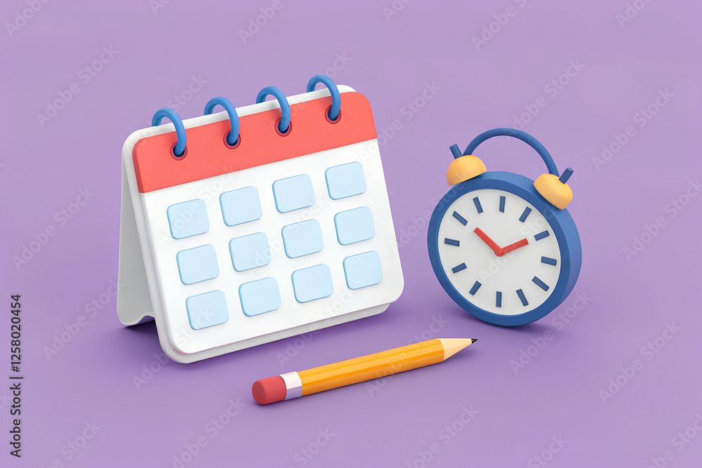 A calendar, clock, and pencil are on a purple background.
A calendar, clock, and pencil are on a purple background.