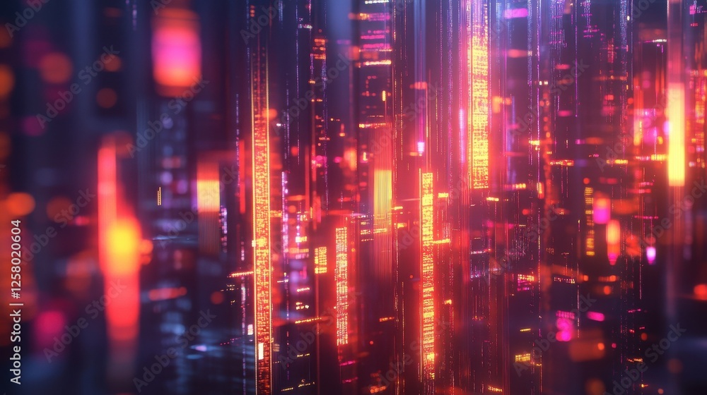 Obraz premium Creative glowing big data forex candlestick chart on blurry city background. Trade, technology, investment and analysis concept. Double exposure