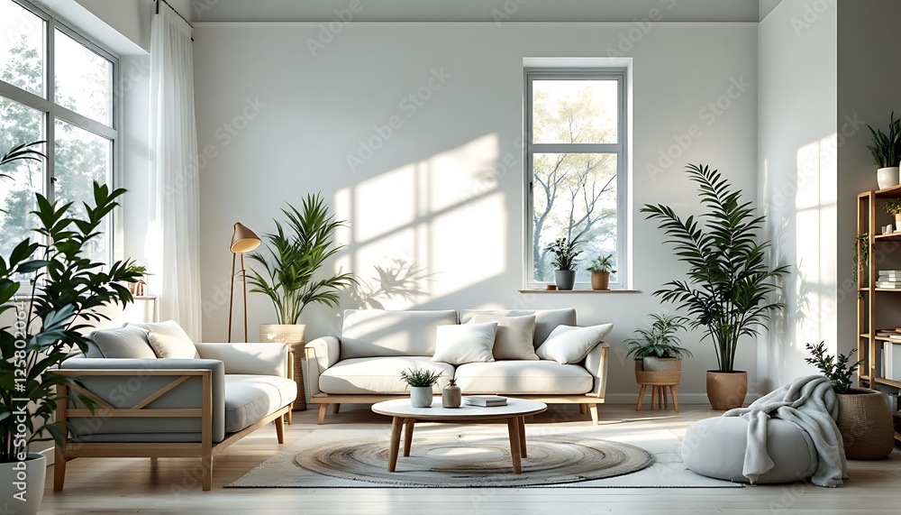 Fototapeta premium Sunny living room, minimalist design, plants, natural light, home decor, interior design