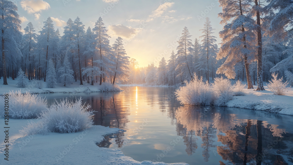 Fototapeta premium Scenic winter landscape with a partially frozen river reflecting the warm glow of a golden sunset surrounded by snow-covered trees creating a serene seasonal atmosphere