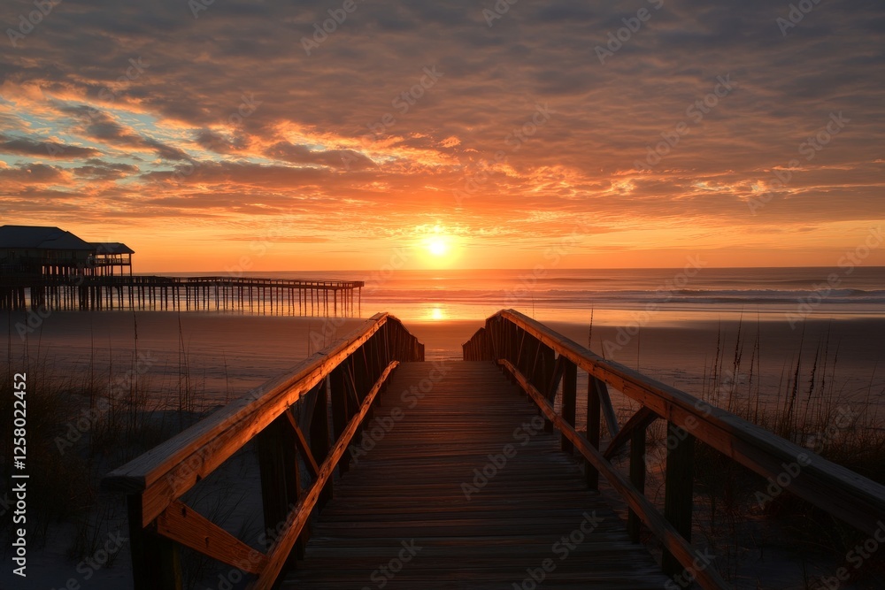 Fototapeta premium Sunrise illuminating wooden walkway leading to the beach with pier under colorful sky at dawn