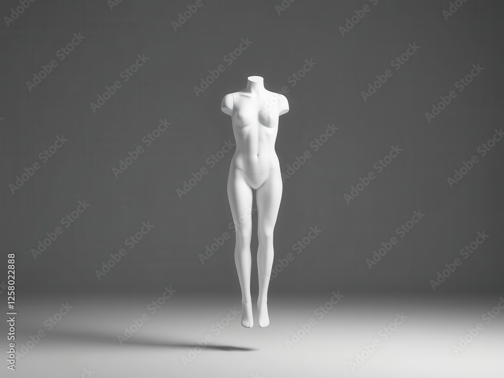 A minimalist mannequin figure in a suspended posture against a neutral background. A minimalist mannequin figure in a suspended posture against a neutral background.