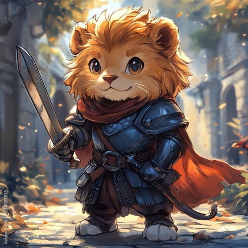 A cute and brave cartoon lion character dressed in armor, wielding a sword, set in a magical forest. This charming image captures the essence of adventure and fantasy. photo