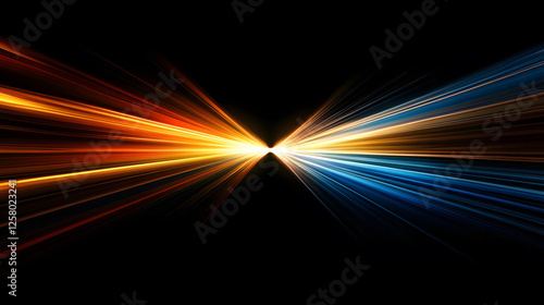 Abstract image of converging orange and blue light streaks creating a vibrant energy burst