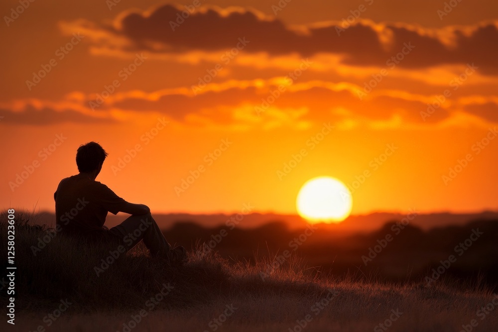 Individual enjoys a serene sunset while seated on a grassy hillside at dusk in a tranquil landscape Individual enjoys a serene sunset while seated on a grassy hillside at dusk in a tranquil landscape