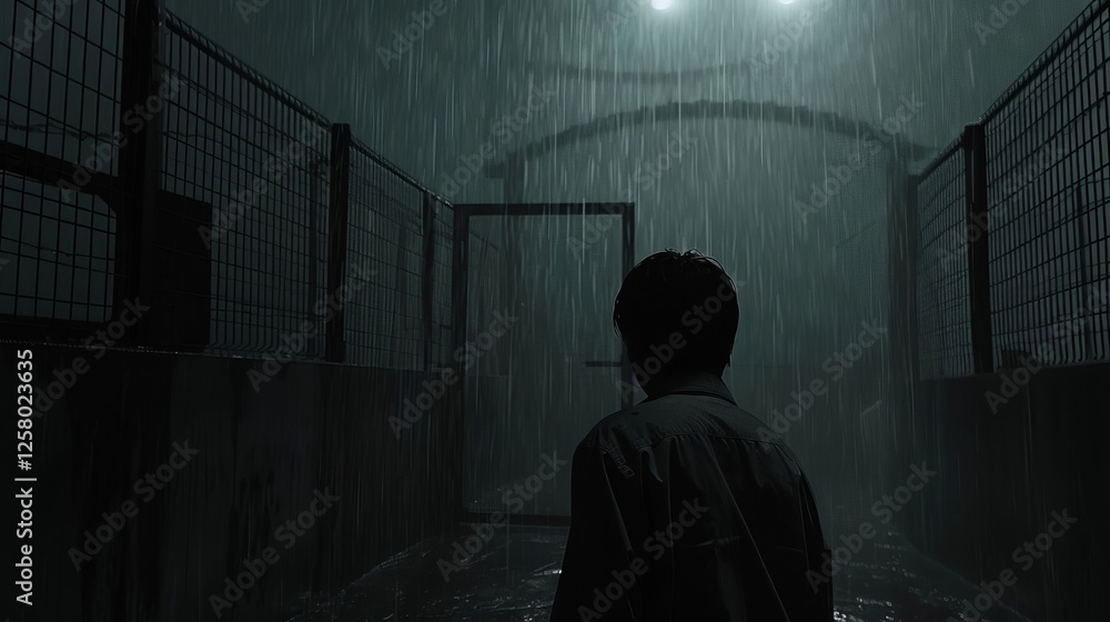 Solitary Figure Walking in Heavy Rain at Night Dark Alleyway Urban Setting Solitary Figure Walking in Heavy Rain at Night Dark Alleyway Urban Setting