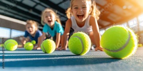 World Tennis Day Concept. Happy children playing tennis indoors on court