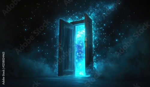 An open door in the middle of space with blue glowing stars, a fantasy door, the door is opening to the universe.
