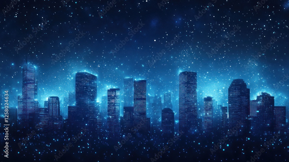 Glowing cityscape at night under a starry sky. Glowing cityscape at night under a starry sky.