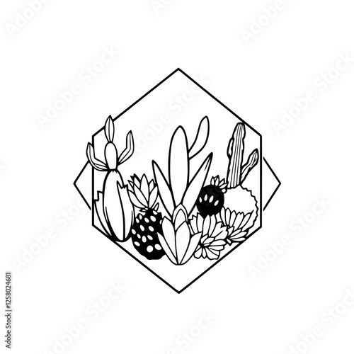 Hexagonal Desert Floral Arrangement: Black and white artwork of a cactus and succulent arrangement within a simple geometric, graphic design.