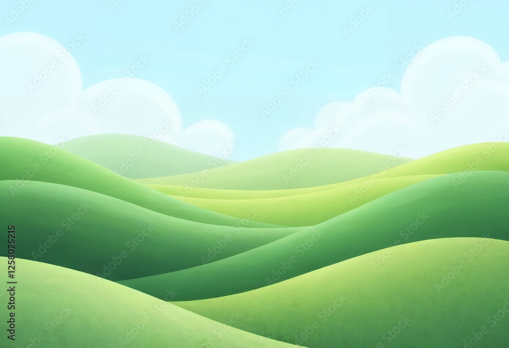 Obraz premium Rolling Green Hills Landscape Under a Bright Blue Sky with Clouds