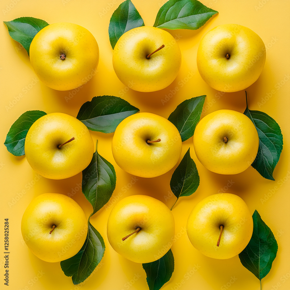 Bright yellow apples with lush leaves arranged on a pastel backdrop evoke simplicity and freshness, perfect for minimalist designs and creative culinary projects Bright yellow apples with lush leaves arranged on a pastel backdrop evoke simplicity and freshness, perfect for minimalist designs and creative culinary projects