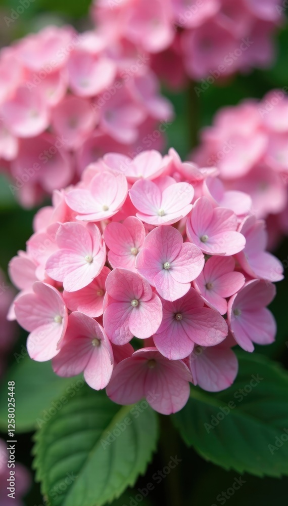 Fototapeta premium Delicate Hydrangea blossoms in soft pink hue with a subtle heart shape and gentle foliage, pink, spring, garden