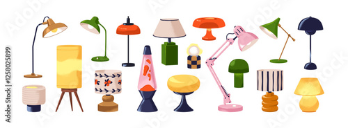Table lamps set. Modern and retro style electric light decoration. Cozy bedside night decor and desktop illumination with lampshade designs. Flat vector illustration isolated on white background