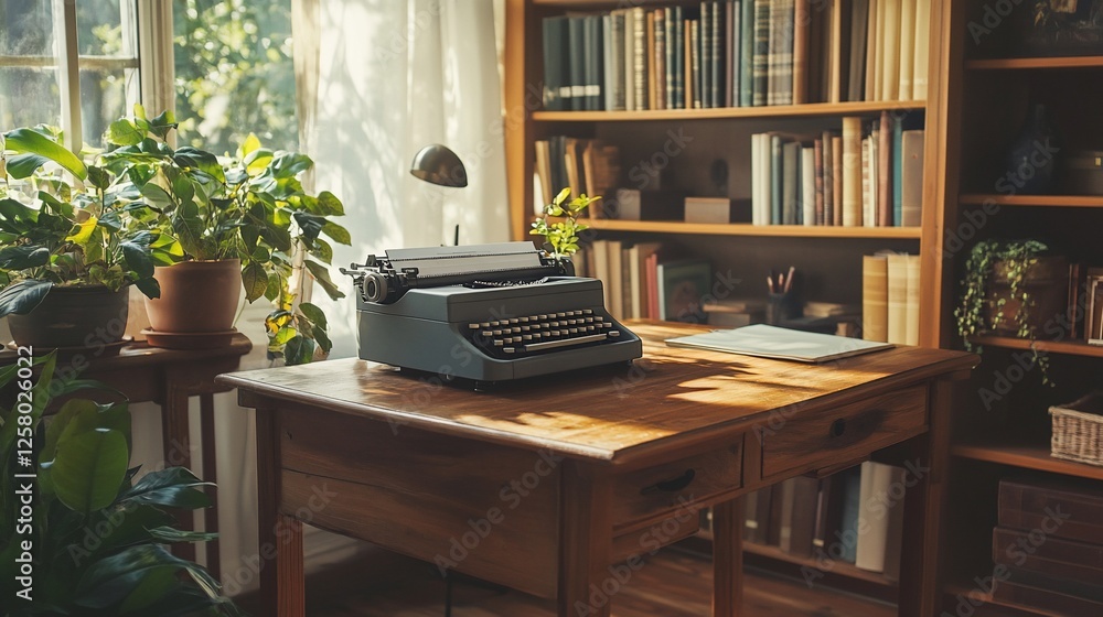 custom made wallpaper toronto digitalSunlit vintage typewriter on wooden desk in library.