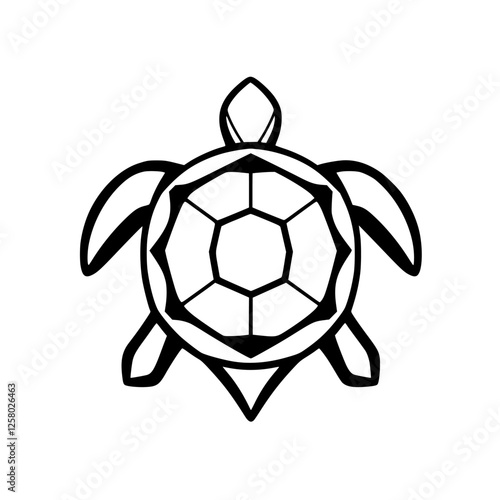 Bold black and white illustration of a stylized sea turtle, showcasing geometric precision and simplicity.