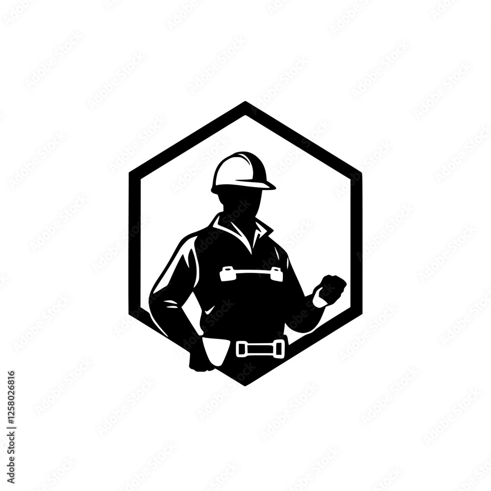 Fototapeta premium Black and White Silhouette of a Construction Worker, Framed in a Hexagonal Shape.