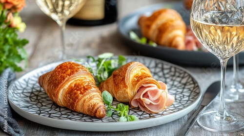 A gourmet food photography setup with ham and cheese croissants plated on a geometrically patterned ceramic dish