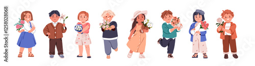 Kids holding flower bouquets set. Happy children presenting floral bunches, tulips, rose blossoms. Cute girls and boys with gifts in hands. Flat vector illustration isolated on white background