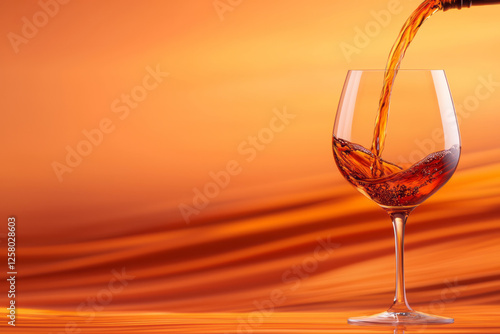 A warm-toned photo of a thin pour of wine landing in a goblet, the swirl and reflection photo