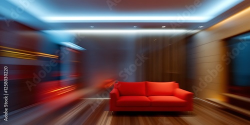 Red sofa in modern living room, blurred background, interior design