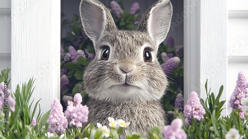 Charming Bunny Among Spring Blooms Peeking Through Window with Easter Season Flowers photo