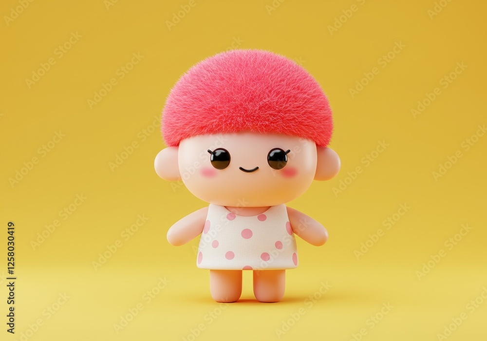 Cute Kawaii Doll Illustration with Pink Polka Dot Dress and Fluffy Hair on Yellow Background, Perfect for Kids Decor and Merchandise Cute Kawaii Doll Illustration with Pink Polka Dot Dress and Fluffy Hair on Yellow Background, Perfect for Kids Decor and Merchandise