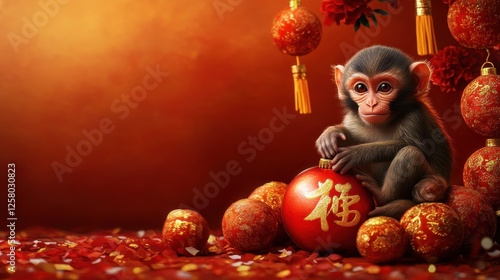 Chinese lunar new year ornaments on festive background.2016 is year of the monkey,calligraphy fu mean good bless photo