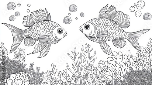 Two fish underwater, coral reef background, coloring page, artistic illustration, educational tool photo