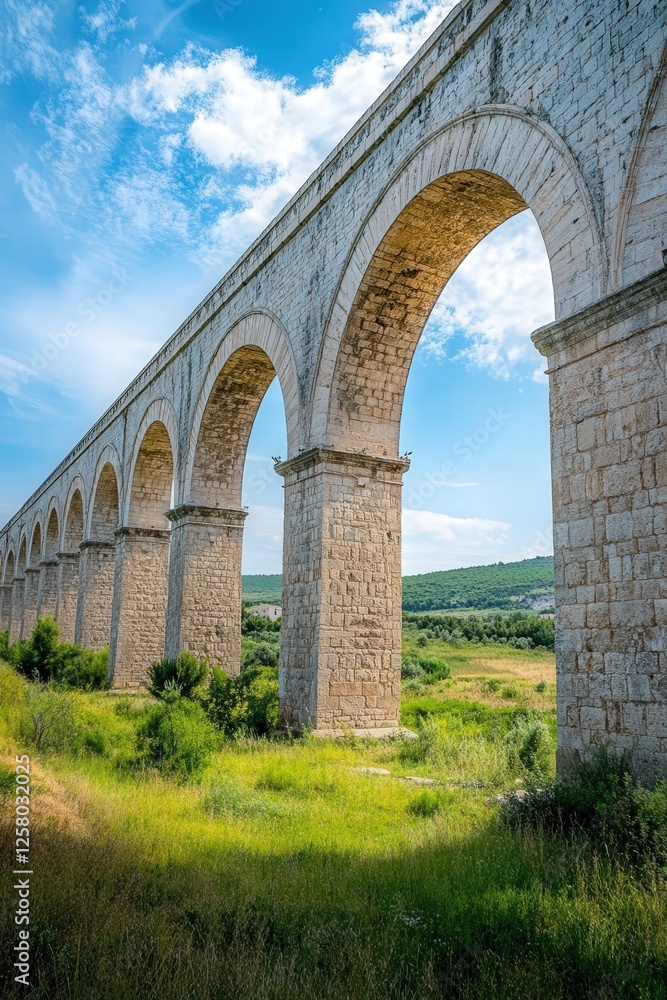 the stone aqueduct in Istanbul, captured from a low angle with the arches towering above, set against a bright blue sky and green landscape the stone aqueduct in Istanbul, captured from a low angle with the arches towering above, set against a bright blue sky and green landscape